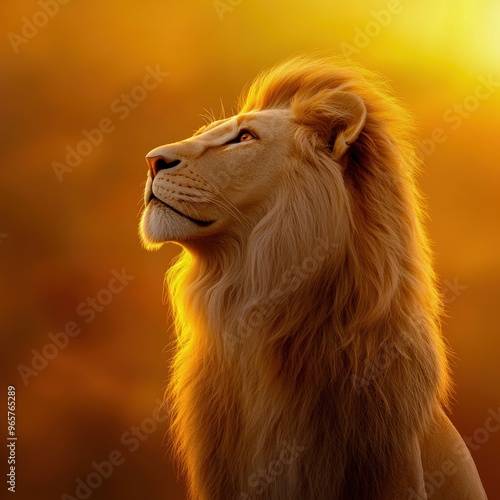 Majestic Lion Standing Against Vibrant Sunset Glow photo