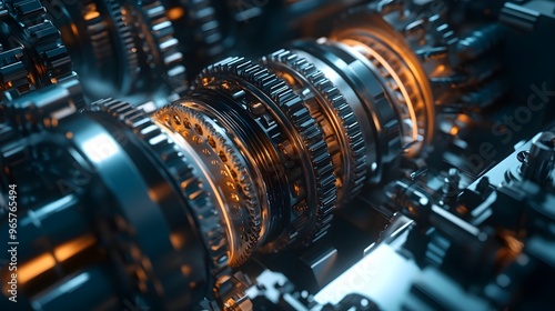 Mechanical gear rendered in 3D with a high-tech background