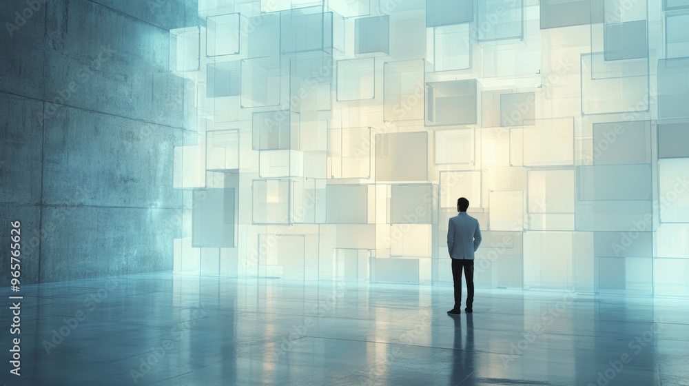 Businessman looking at digital data blocks, big data and metaverse concept Businessman looking at digital data blocks, big data and metaverse concept