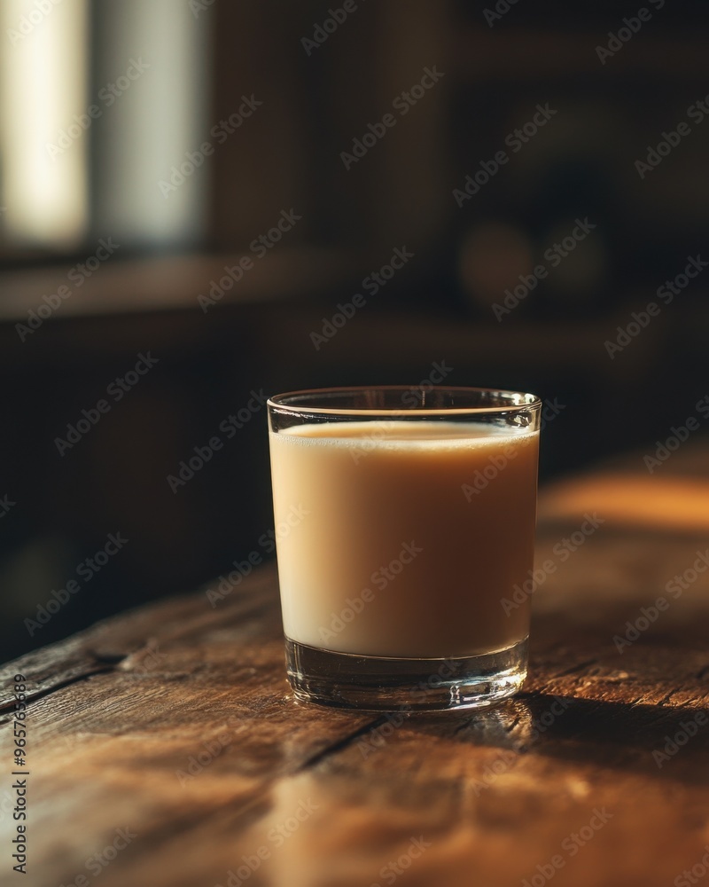 A glass of milk is sitting on a wooden table A glass of milk is sitting on a wooden table