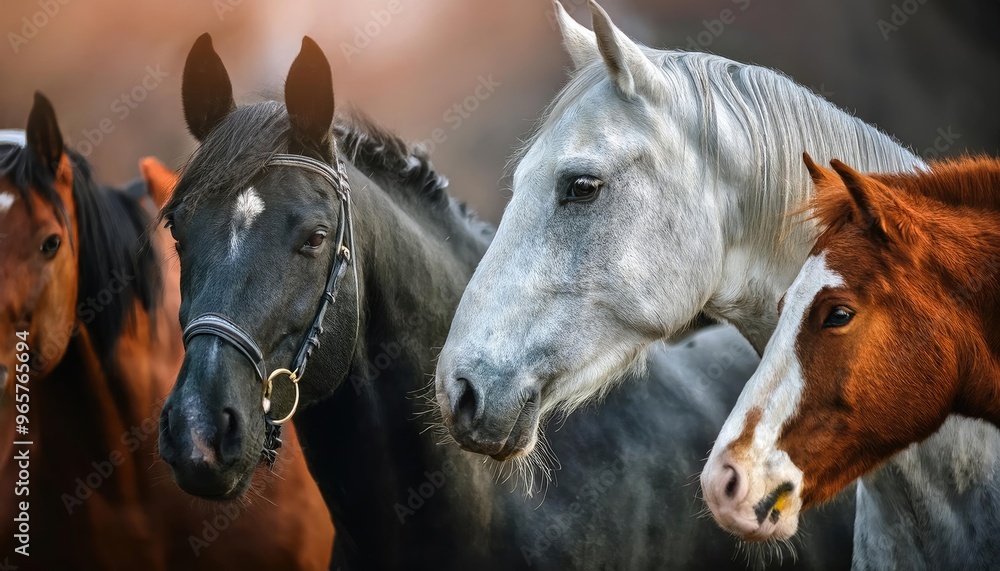striking scene of a white horse standing prominently in the foreground, surrounded by a group of black horses. The background is shrouded in mist, creating a dramatic atmosphere. striking scene of a white horse standing prominently in the foreground, surrounded by a group of black horses. The background is shrouded in mist, creating a dramatic atmosphere.