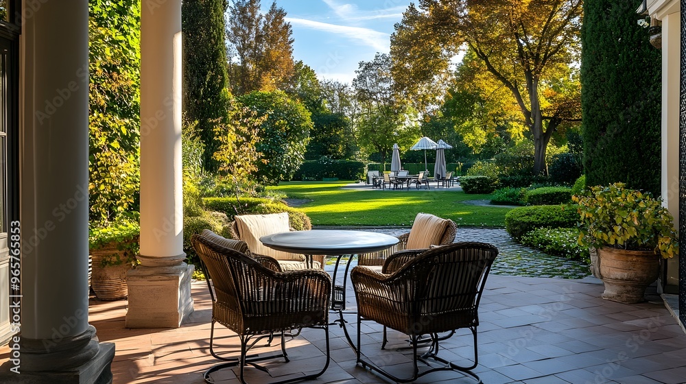 Captivating image of a classic style terrace with a breathtaking view of a meticulously manicured garden showcasing a harmonious arrangement of elegant outdoor furniture Captivating image of a classic style terrace with a breathtaking view of a meticulously manicured garden showcasing a harmonious arrangement of elegant outdoor furniture