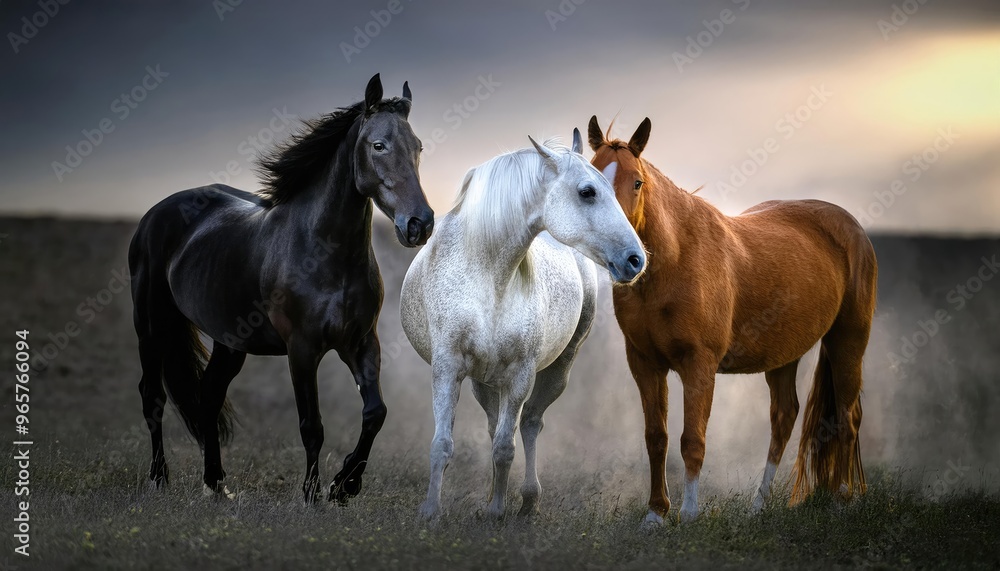 Fototapeta premium striking scene of a white horse standing prominently in the foreground, surrounded by a group of black horses. The background is shrouded in mist, creating a dramatic atmosphere.
