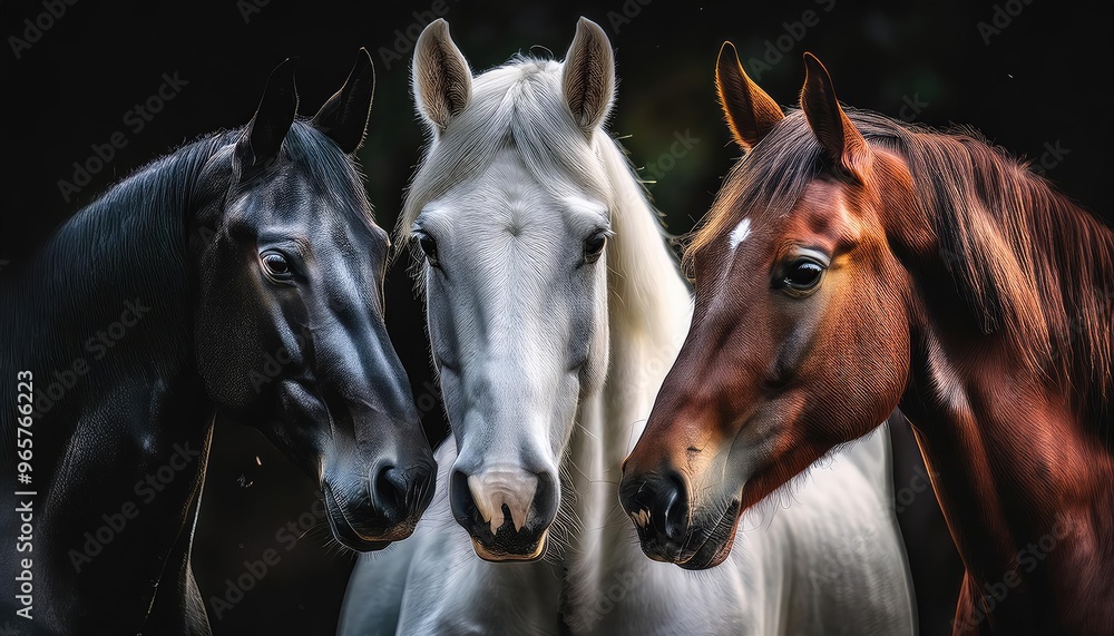 striking scene of a white horse standing prominently in the foreground, surrounded by a group of black horses. The background is shrouded in mist, creating a dramatic atmosphere. striking scene of a white horse standing prominently in the foreground, surrounded by a group of black horses. The background is shrouded in mist, creating a dramatic atmosphere.