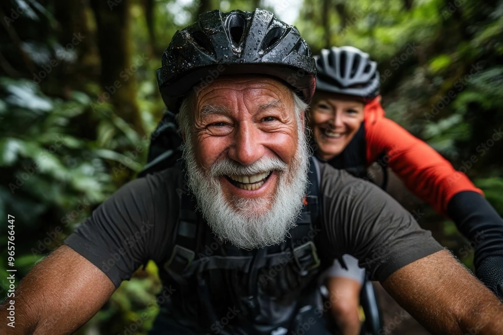 A happily smiling senior man with a white beard, wearing a helmet and dark shirt, rides his bike on a lush forest trail with his partner close behind, enjoying the adventure. A happily smiling senior man with a white beard, wearing a helmet and dark shirt, rides his bike on a lush forest trail with his partner close behind, enjoying the adventure.