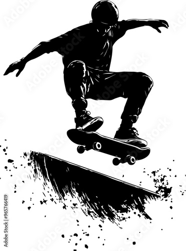 Skateboarder Jumping in Dynamic Black and White Illustration