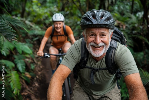 A smiling older man with a helmet and gray shirt rides his bike joyfully with a female companion trailing behind on a vibrant forest trail, filled with greenery and excitement. photo