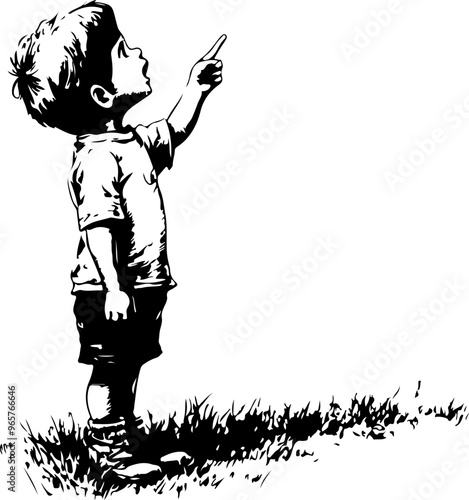 Child Pointing Skyward in Black and White Illustration