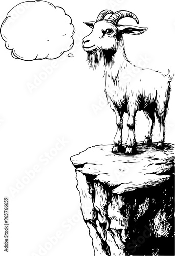Cartoon Goat on a Cliff with Thought Bubble