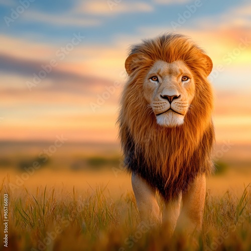 Wild Serenity: Majestic Lion in Golden Savanna at Sunset