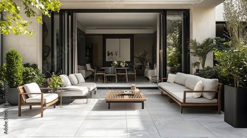 Elegant marble terrace featuring sleek flooring and plush outdoor seating offering a luxurious and sophisticated setting for relaxation and entertainment photo