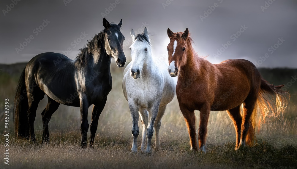 striking scene of a white horse standing prominently in the foreground, surrounded by a group of black horses. The background is shrouded in mist, creating a dramatic atmosphere. striking scene of a white horse standing prominently in the foreground, surrounded by a group of black horses. The background is shrouded in mist, creating a dramatic atmosphere.