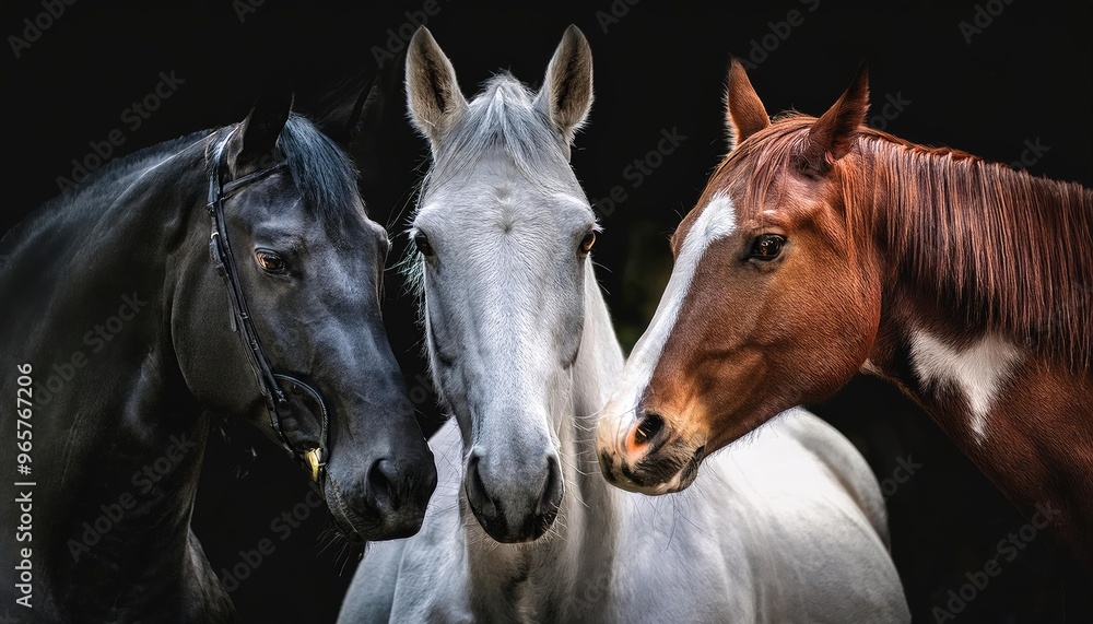 Obraz premium striking scene of a white horse standing prominently in the foreground, surrounded by a group of black horses. The background is shrouded in mist, creating a dramatic atmosphere.