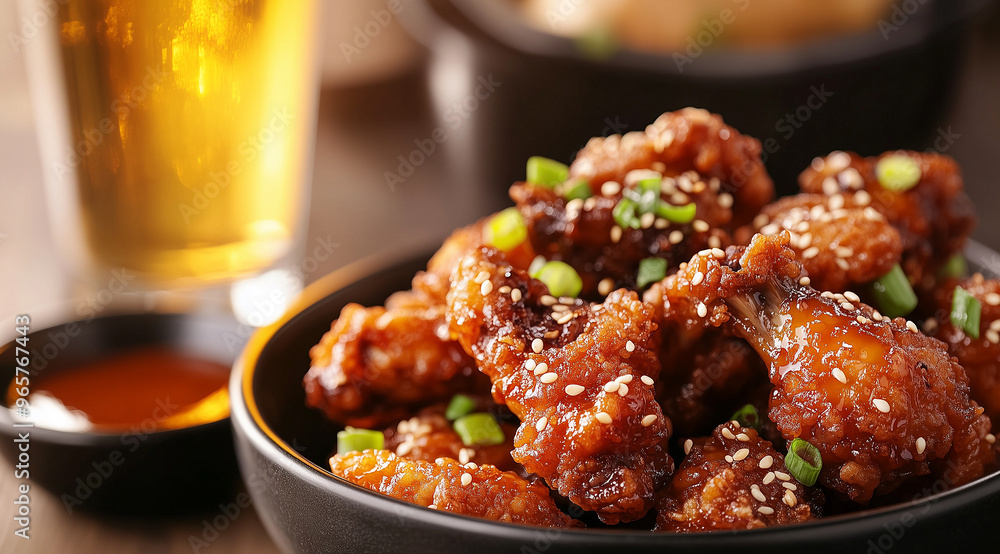 Close-Up of Crispy Korean Fried Chicken with Sesame Seeds and Green Onions Close-Up of Crispy Korean Fried Chicken with Sesame Seeds and Green Onions