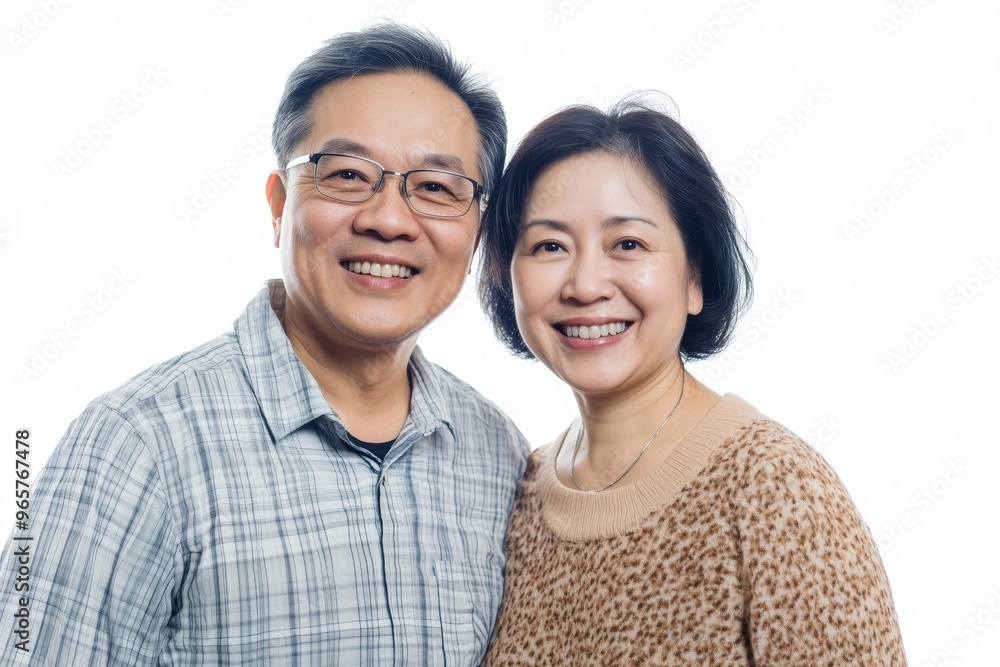 A happy Asian couple, standing close together and smiling warmly, against a white background. A happy Asian couple, standing close together and smiling warmly, against a white background.