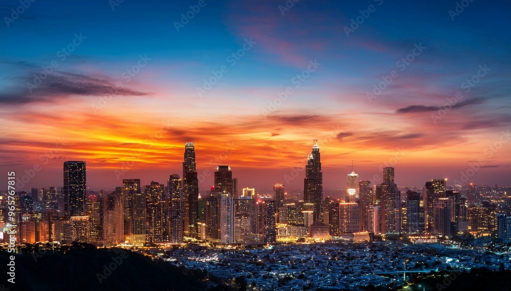 Fototapeta premium The city skyline glittered with lights as the sun dipped below the horizon, casting a colorful canvas against the evening sky.