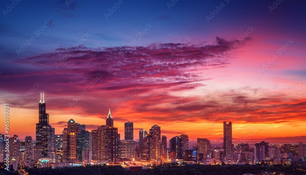 Fototapeta premium The city skyline glittered with lights as the sun dipped below the horizon, casting a colorful canvas against the evening sky.