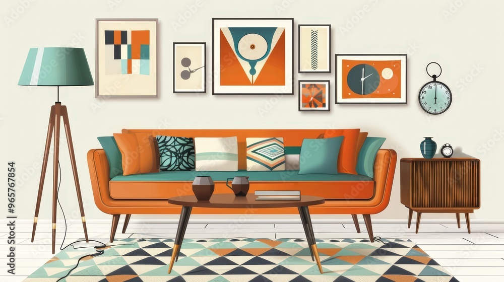 Sketch a mid-century modern living room with a retro sofa, a wooden coffee table with hairpin legs, and a geometric rug Sketch a mid-century modern living room with a retro sofa, a wooden coffee table with hairpin legs, and a geometric rug