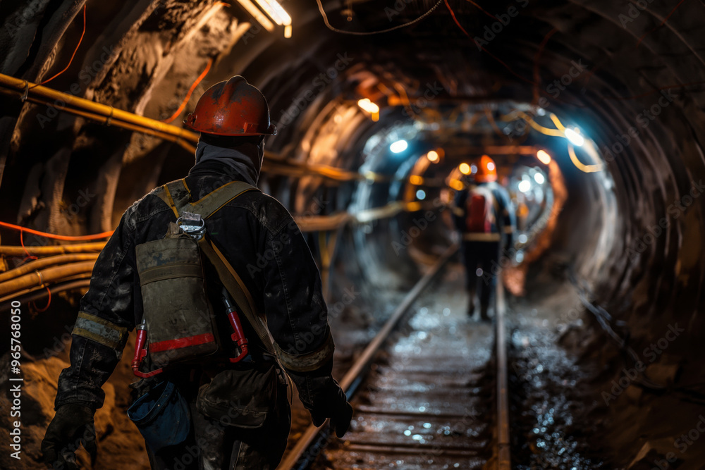 Two mine workers with protective gear and equipment are walking in an underground tunnel with rails Two mine workers with protective gear and equipment are walking in an underground tunnel with rails