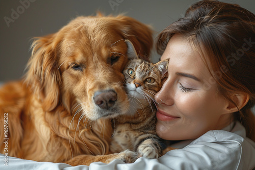 Photo of happy woman hugging favorite domestic pet generative ai