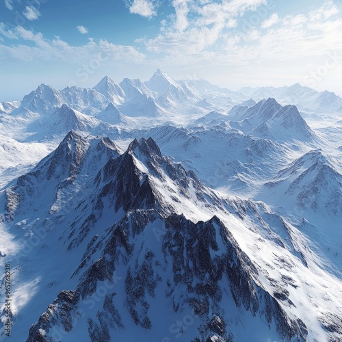 A panoramic view of snow-covered mountains under a blue sky.