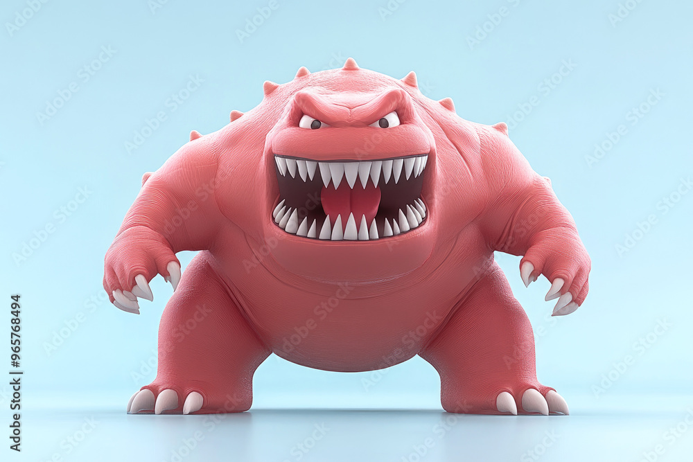 Fototapeta premium A ferocious pink monster with sharp teeth, spikes on its back, and an aggressive stance glares intensely. Fantasy creature art.