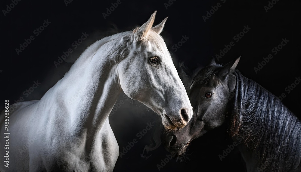 striking scene of a white horse standing prominently in the foreground, surrounded by a group of black horses. The background is shrouded in mist, creating a dramatic atmosphere. striking scene of a white horse standing prominently in the foreground, surrounded by a group of black horses. The background is shrouded in mist, creating a dramatic atmosphere.