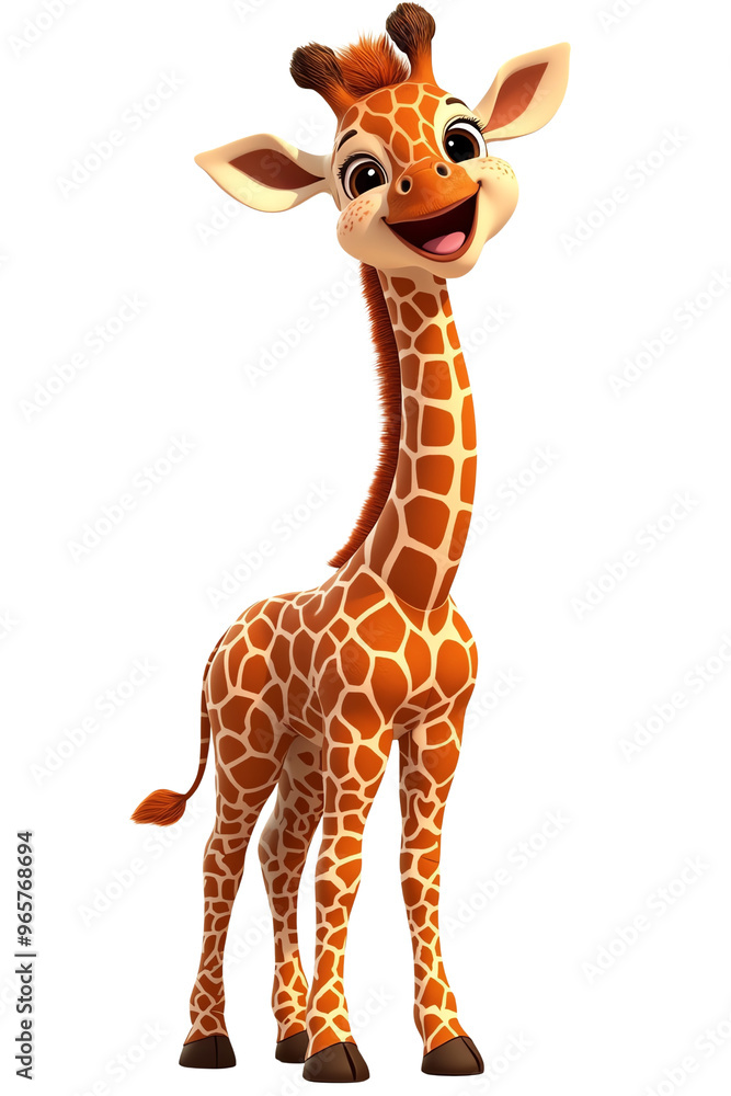 Obraz premium A cheerful cartoon giraffe with a bright smile and vibrant colors, perfect for children's themes and educational materials.