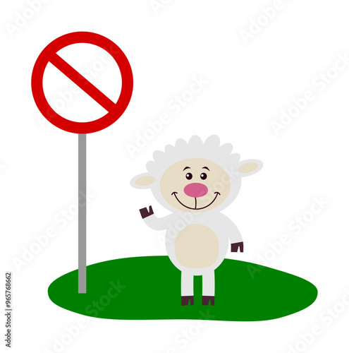 A smiling sheep on grass meadow with red prohibition sign - vector