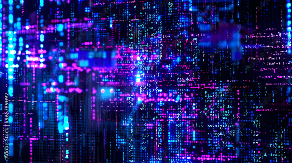 digital artwork that features lines of computer code cascading down in a matrix-like effect. The background is a deep digital artwork that features lines of computer code cascading down in a matrix-like effect. The background is a deep
