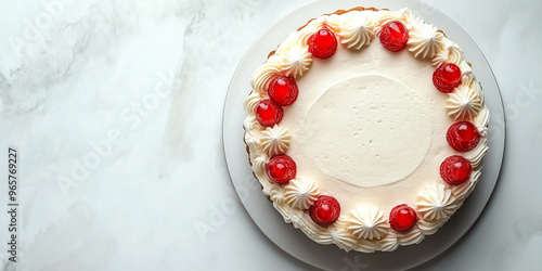 Cake with piped borders, placed on a round plate