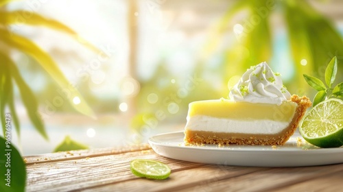 Enjoy a classic key lime pie with a delicious graham cracker crust and whipped cream topping, beautifully presented on a sunlit patio table, perfect for any dessert lover. photo