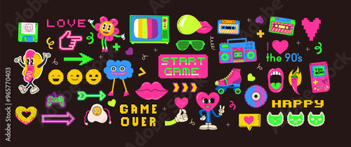 Retro set of icons of 90s. Pop art sticker collection for 1990 born baby. Badge for hipsters with sunglasses, boombox and roller, cassette. Vintage isolated element.