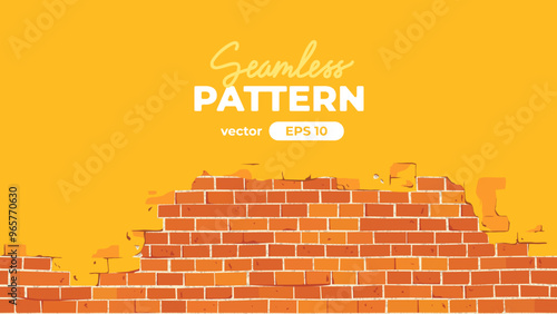 Brick wall seamless pattern. Red color. Cracked and peeling yellow paint. Vector illustration. Cartoon design. Flat style. Minimalism. Wall texture background. Stone blocks. Realistic. Eps10.