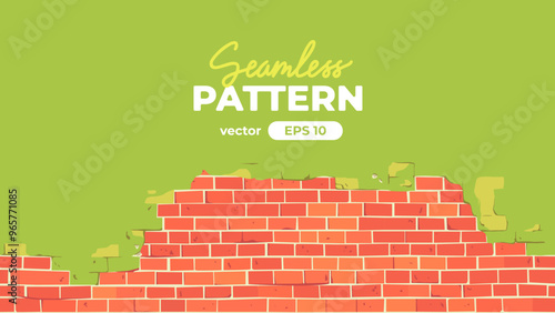 Brick wall seamless pattern. Red color. Cracked and peeling green paint. Vector illustration. Cartoon design. Flat style. Minimalism. Wall texture background. Stone blocks. Realistic. Eps10.