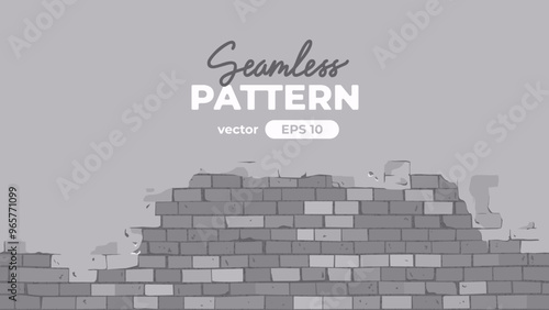 Brick wall seamless pattern. Grey color. Cracked and peeling grey paint. Vector illustration. Cartoon design. Flat style. Minimalism. Wall texture background. Stone blocks. Realistic. Eps10.