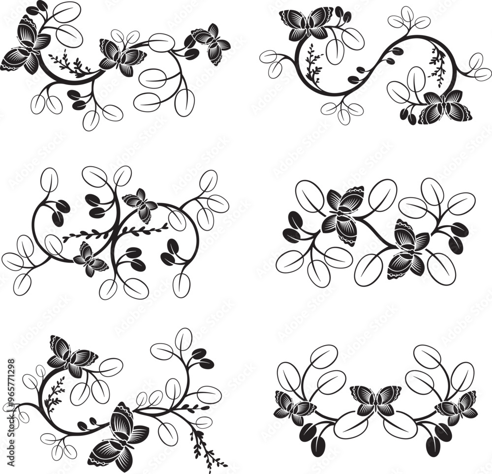Vector set of traditional Japanese floral ornaments and Oriental decorative designs with branches and butterflies. Extremely clean vector lines, vinyl and laser ready. Vector set of traditional Japanese floral ornaments and Oriental decorative designs with branches and butterflies. Extremely clean vector lines, vinyl and laser ready.