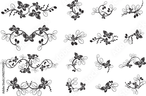 Vector set of traditional Japanese floral ornaments and Oriental decorative designs with branches and butterflies. Extremely clean vector lines, vinyl and laser ready.