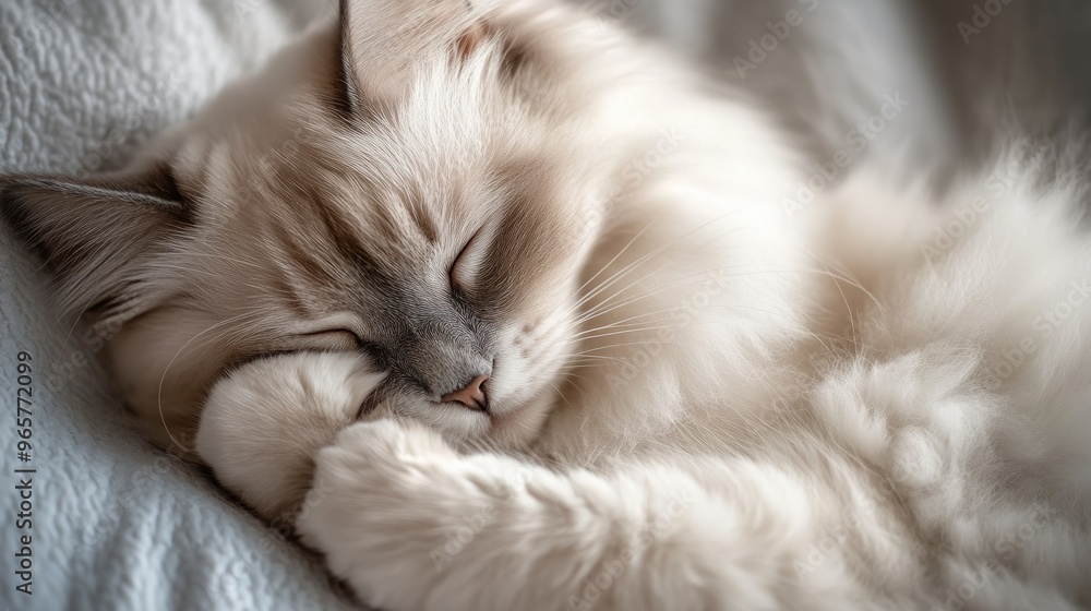 Obraz premium A fluffy cat peacefully sleeping with its paw tucked under its face.