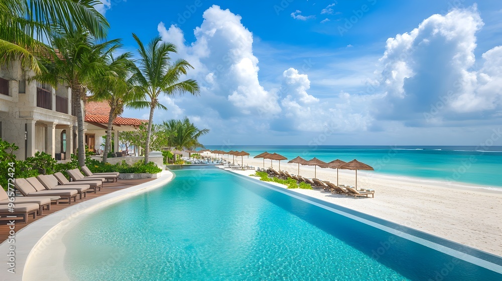 Fototapeta premium Serene Lagoon-Style Pool at Beachfront Resort with Ample Copy Space
