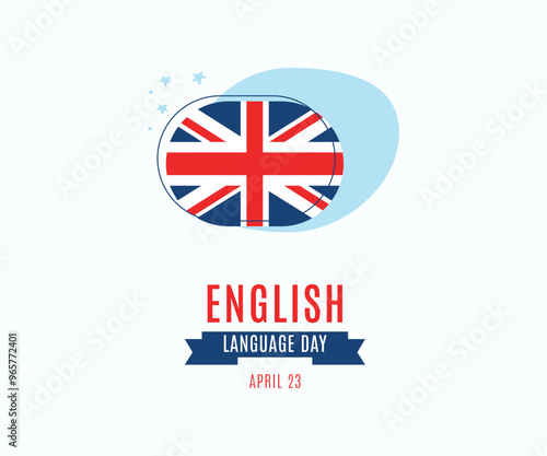 UN English language day. 23 April English language day banner with cute books icon with UK flag and text written in its colours. Making English a universal language with no barriers to communicate. 