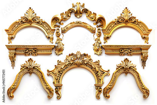 Antique baroque gold wooden picture frame isolated on transparent background. Decorative elegant luxury frame design, rococo style, Baroque golden picture blank frame, Vintage golden frames on white

