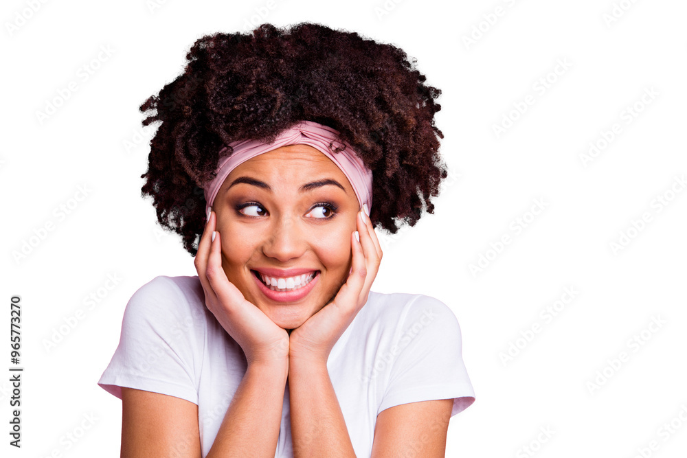 Close up photo beautiful amazing she her dark skin lady hold hands arms palms cheeks cheekbones cute peaceful look side empty space wear head scarf casual white t-shirt isolated pink bright background Close up photo beautiful amazing she her dark skin lady hold hands arms palms cheeks cheekbones cute peaceful look side empty space wear head scarf casual white t-shirt isolated pink bright background