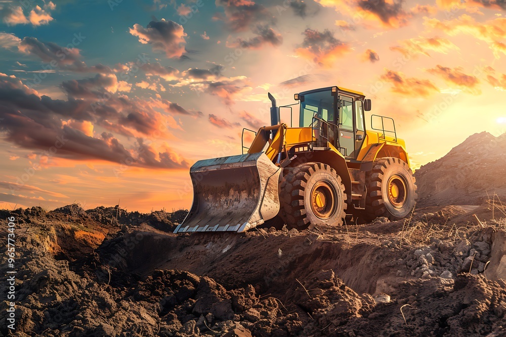 Bulldozer during earthmoving works at construction site with sunset sky background Bulldozer during earthmoving works at construction site with sunset sky background