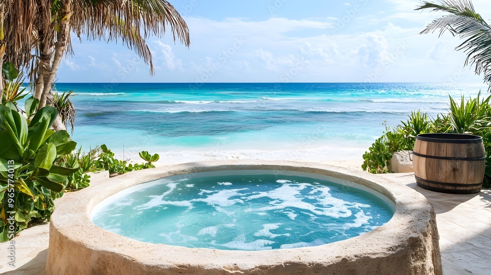 Obraz premium Luxurious Beachfront Resort with Jacuzzi and Ocean Vistas