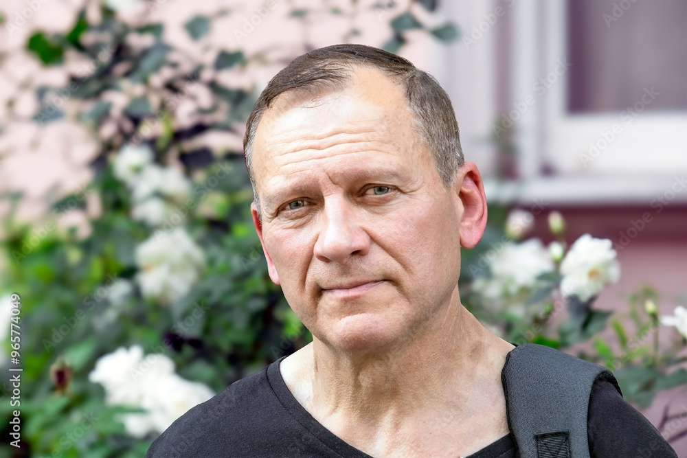 handsome mature man 55-60 years old, close-up portrait against greenery and white flowers
handsome mature man 55-60 years old, close-up portrait against greenery and white flowers