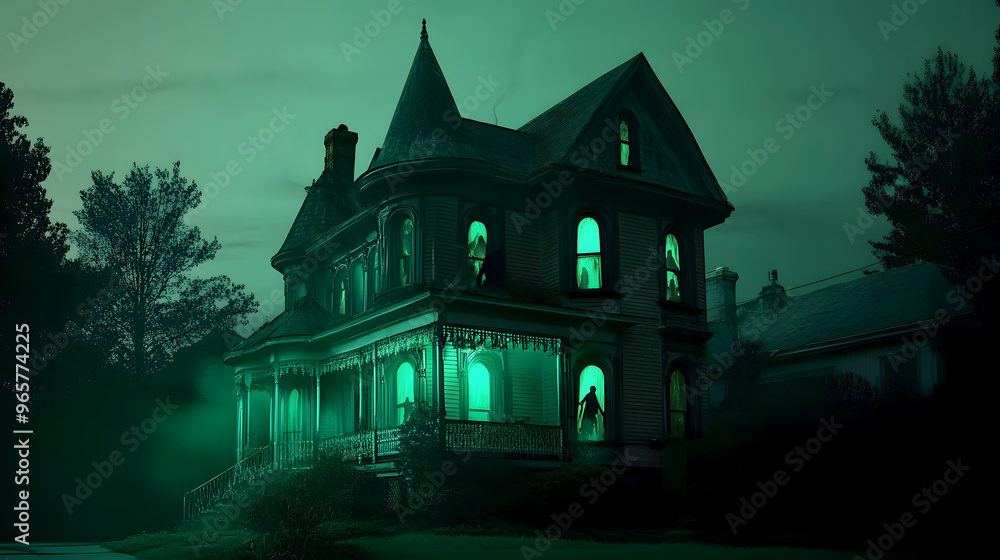 Obraz premium spooky, old Victorian house with eerie green lighting in the windows and ghostly figures lurking in the shadows