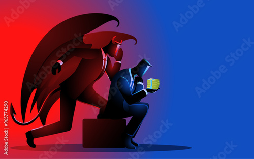Businessman holding cash, looking pensive, while Satan whispers in his ear, symbolizing the struggle between greed and morality. Perfect for business ethics and financial temptation themes