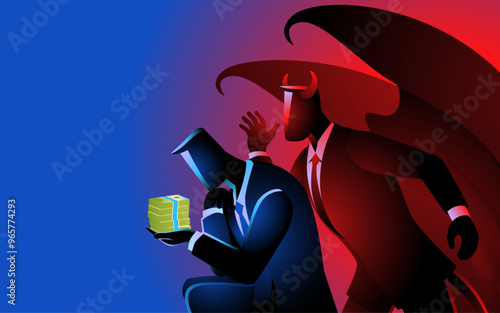 Businessman holding cash, looking pensive, while Satan whispers in his ear, symbolizing the struggle between greed and morality. Perfect for business ethics and financial temptation themes