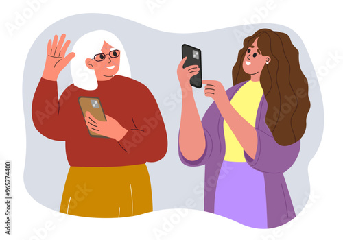 People Taking Photo on Phone. Woman and Senior Woman have Photoshoot. Grandmother and Granddaughter. Vector illustration